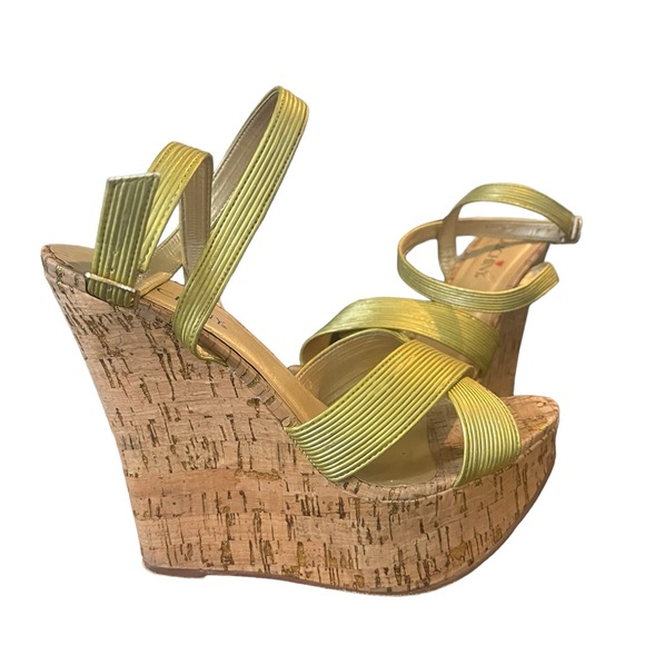 LUICHINY Mystical Gold Cork Wedge Platform Sandals Sz 9 - Picture 6 of 13